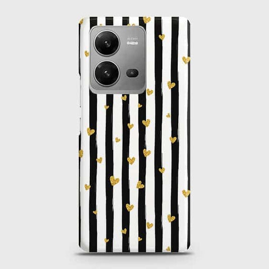 Vivo V25e Cover - Trendy Black & White Lining With Golden Hearts Printed Hard Case with Life Time Colors Guarantee