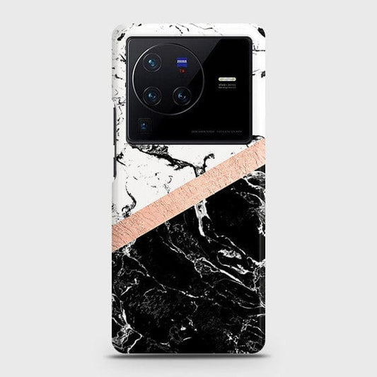 Vivo X80 Cover - Black & White Marble With Chic RoseGold Strip Case with Life Time Colors Guarantee
