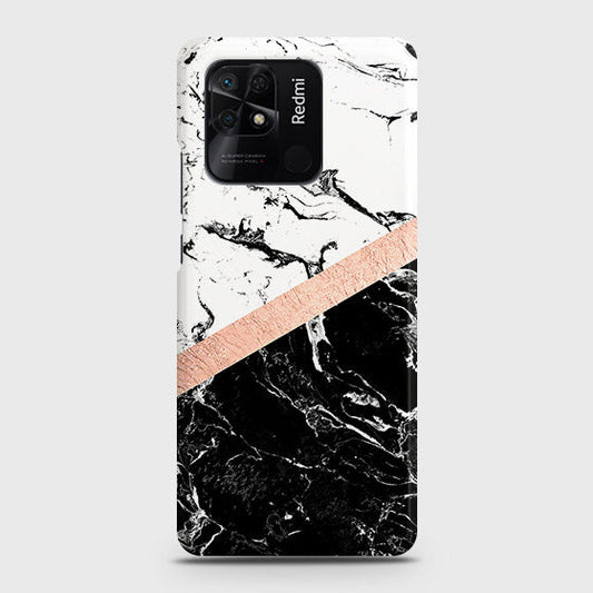 Xiaomi Redmi 10C Cover - Black & White Marble With Chic RoseGold Strip Case with Life Time Colors Guarantee