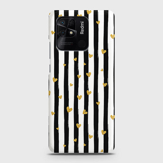 Xiaomi Redmi 10C Cover - Trendy Black & White Lining With Golden Hearts Printed Hard Case with Life Time Colors Guarantee