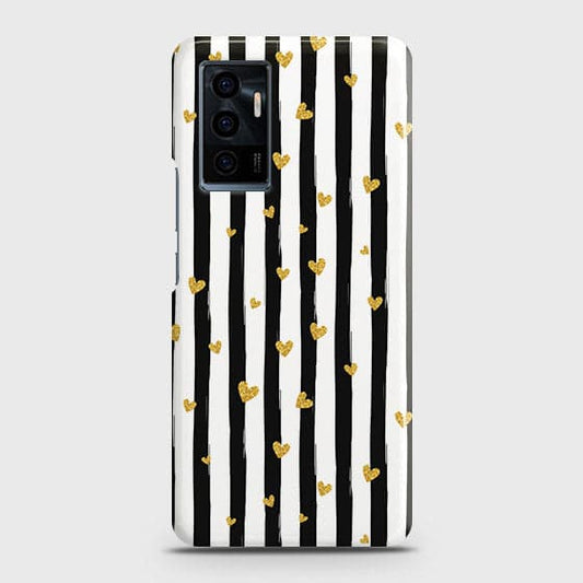 Vivo V23e Cover - Trendy Black & White Strips With Golden Hearts Printed Hard Case with Life Time Colors Guarantee