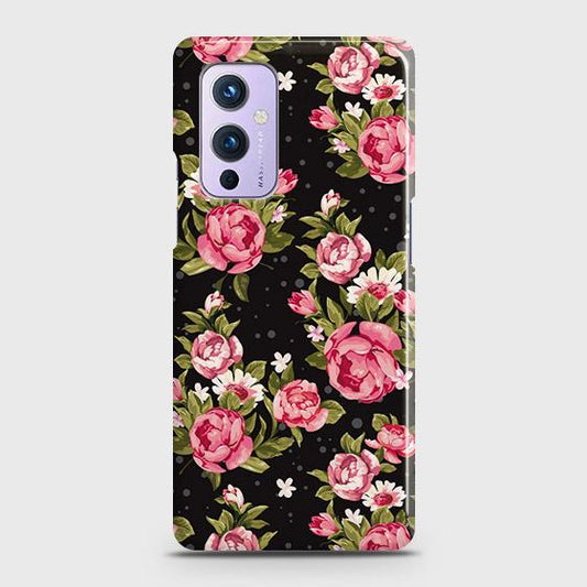 OnePlus 9 Cover - Trendy Pink Rose Vintage Flowers Printed Hard Case with Life Time Colors Guarantee