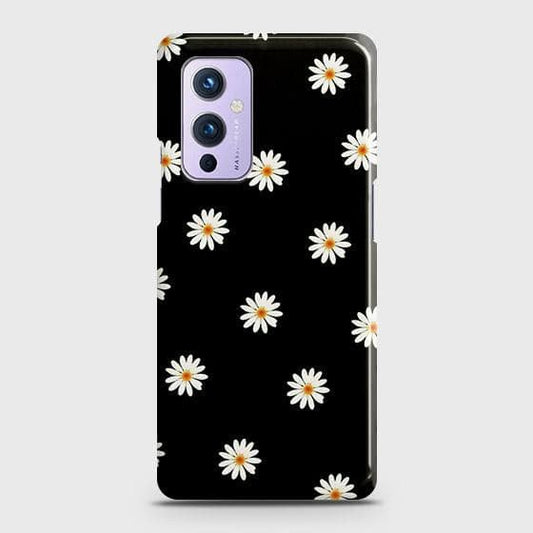 OnePlus 9 Cover - Matte Finish - White Bloom Flowers with Black Background Printed Hard Case with Life Time Colors Guarantee