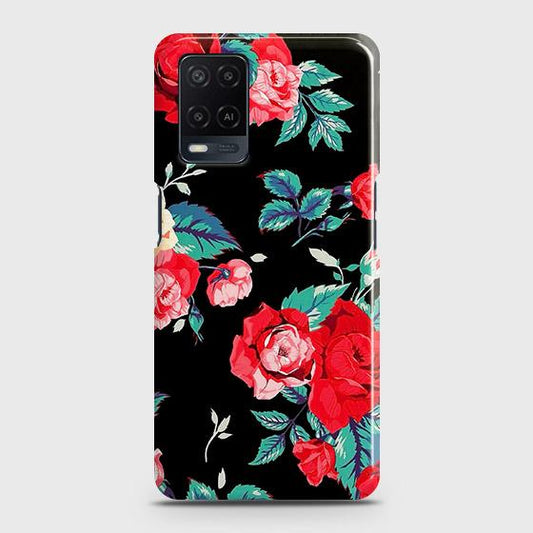 Oppo A54 4G Cover - Luxury Vintage Red Flowers Printed Hard Case with Life Time Colors Guarantee