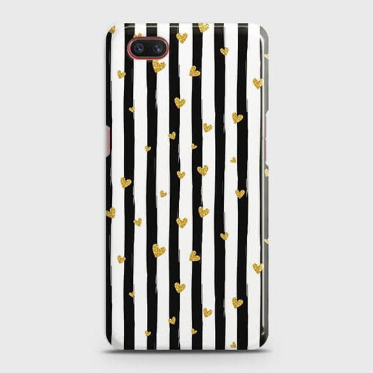 Realme C2 with out flash light hole Cover - Trendy Black & White Lining With Golden Hearts Printed Hard Case with Life Time Colors Guarantee