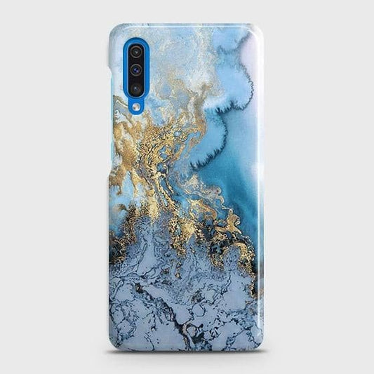Samsung Galaxy A30s Cover - Trendy Golden & Blue Ocean Marble Printed Hard Case with Life Time Colors Guarantee ( Fast Delivery )