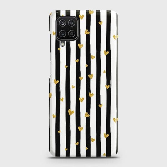 Samsung Galaxy A12 Cover - Trendy Black & White Lining With Golden Hearts Printed Hard Case with Life Time Colors Guaratee