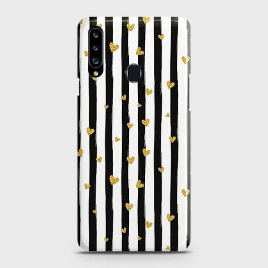 Samsung Galaxy A20s Cover - Trendy Black & White Lining With Golden Hearts Printed Hard Case with Life Time Colors Guarantee