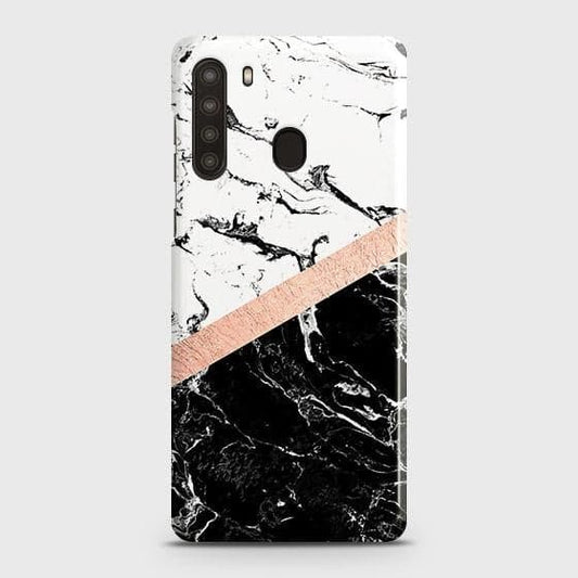Samsung Galaxy A21 Cover - Black & White Marble With Chic RoseGold Strip Case with Life Time Colors Guarantee