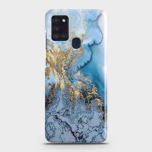Samsung Galaxy A21s Cover - Trendy Golden & Blue Ocean Marble Printed Hard Case with Life Time Colors Guarantee