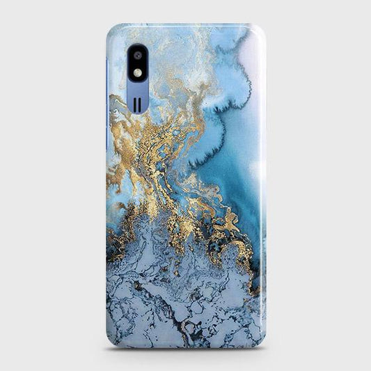 Samsung Galaxy A2 Core Cover - Trendy Golden & Blue Ocean Marble Printed Hard Case with Life Time Colors Guarantee