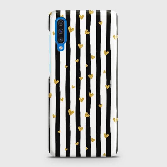 Samsung Galaxy A30s Cover - Trendy Black & White Lining With Golden Hearts Printed Hard Case with Life Time Colors Guarantee