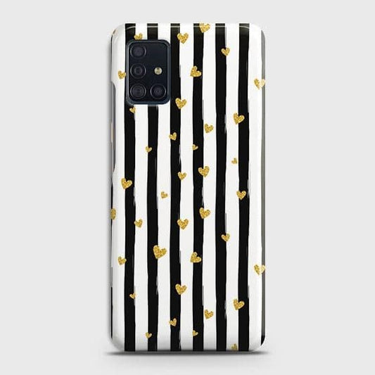 Samsung Galaxy A51 Cover - Trendy Black & White Lining With Golden Hearts Printed Hard Case with Life Time Colors Guarantee