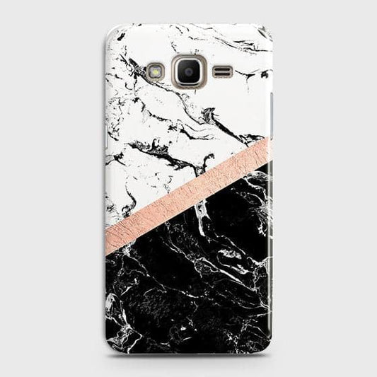 Samsung Galaxy J7 Core / J7 Nxt Cover - Black & White Marble With Chic RoseGold Strip Case with Life Time Colors Guarantee