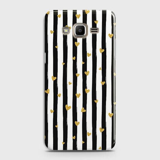 Samsung Galaxy J7 Core / J7 Nxt Cover - Trendy Black & White Lining With Golden Hearts Printed Hard Case with Life Time Colors Guarantee