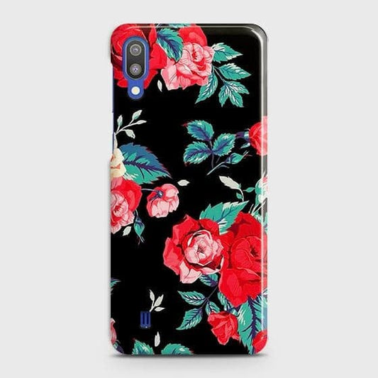 Samsung Galaxy M10 Cover - Luxury Vintage Red Flowers Printed Hard Case with Life Time Colors Guarantee