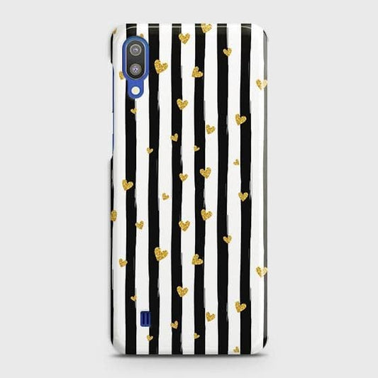 Samsung Galaxy M10 Cover - Trendy Black & White Lining With Golden Hearts Printed Hard Case with Life Time Colors Guarantee