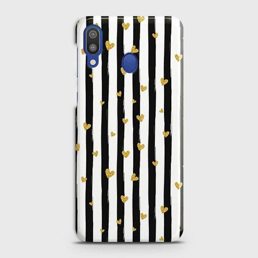 Samsung Galaxy M20 Cover - Trendy Black & White Lining With Golden Hearts Printed Hard Case with Life Time Colors Guarantee