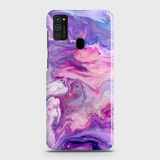 Samsung Galaxy M21 Cover - Chic Blue Liquid Marble Printed Hard Case with Life Time Colors Guarantee