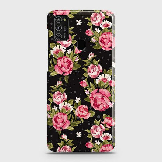 Samsung Galaxy M21 Cover - Trendy Pink Rose Vintage Flowers Printed Hard Case with Life Time Colors Guarantee