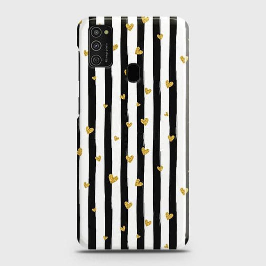 Samsung Galaxy M21 Cover - Trendy Black & White Lining With Golden Hearts Printed Hard Case with Life Time Colors Guarantee