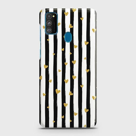 Samsung Galaxy M30s Cover - Trendy Black & White Lining With Golden Hearts Printed Hard Case with Life Time Colors Guarantee