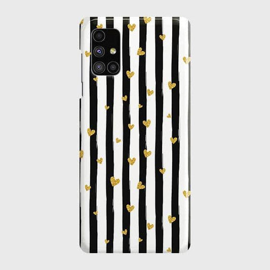Samsung Galaxy M51 Cover - Trendy Black & White Lining With Golden Hearts Printed Hard Case with Life Time Colors Guarantee