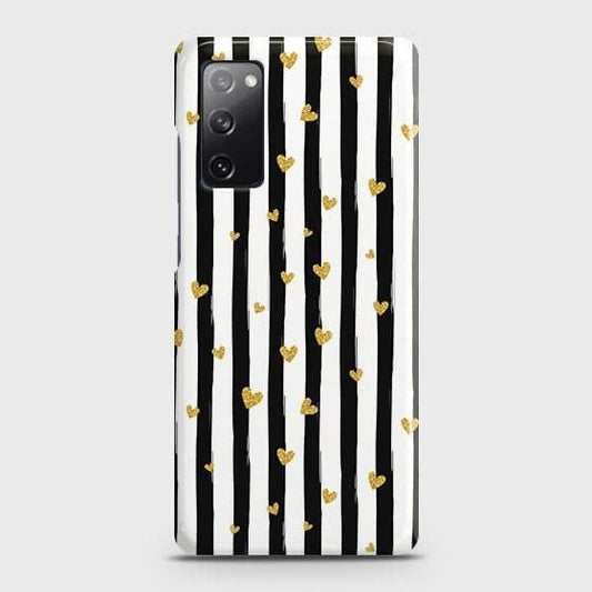 Samsung Galaxy S20 FE Cover - Trendy Black & White Lining With Golden Hearts Printed Hard Case with Life Time Colors Guarantee