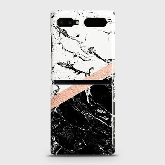 Samsung Galaxy Z Flip Cover - Black & White Marble With Chic RoseGold Strip Case with Life Time Colors Guarantee b-68