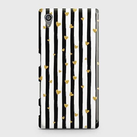 Sony Xperia Z5 Cover - Trendy Black & White Lining With Golden Hearts Printed Hard Case with Life Time Colors Guarantee