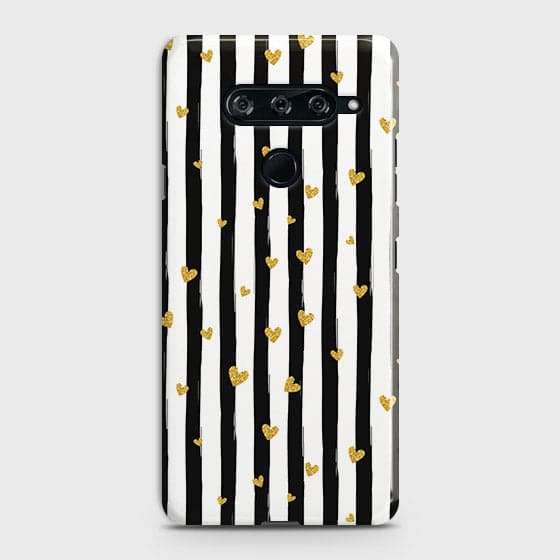 LG V40 ThinQ Cover - Trendy Black & White Lining With Golden Hearts Printed Hard Case with Life Time Colors Guarantee