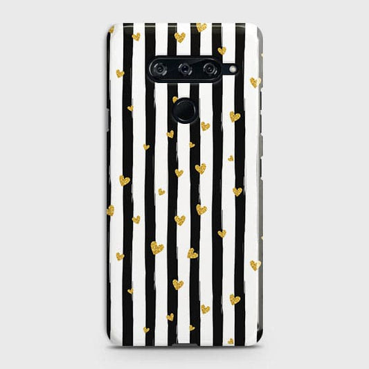 LG V40 ThinQ Cover - Trendy Black & White Lining With Golden Hearts Printed Hard Case with Life Time Colors Guarantee