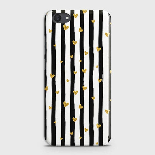 Vivo Y81i Cover - Trendy Black & White Lining With Golden Hearts Printed Hard Case with Life Time Colors Guarantee