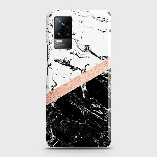 Vivo V21e Cover - Black & White Marble With Chic RoseGold Strip Case with Life Time Colors Guarantee