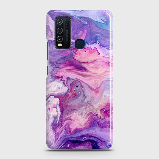 Vivo Y30 Cover - Chic Blue Liquid Marble Printed Hard Case with Life Time Colors Guarantee