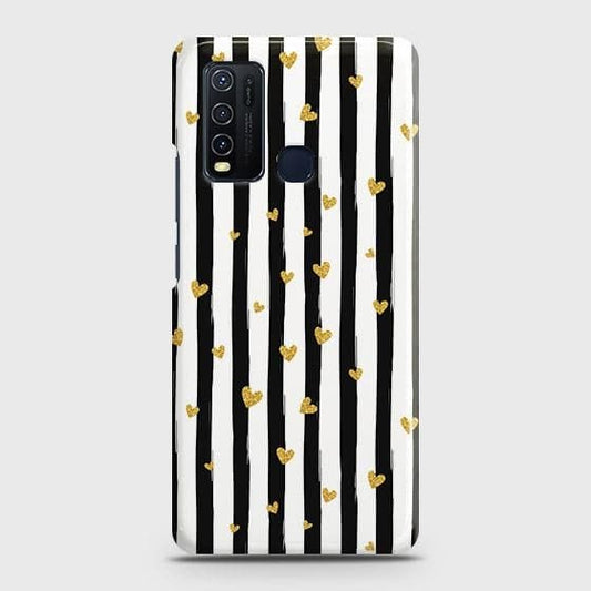 Vivo Y30 Cover - Trendy Black & White Lining With Golden Hearts Printed Hard Case with Life Time Colors Guarantee