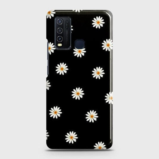 Vivo Y30 Cover - Matte Finish - White Bloom Flowers with Black Background Printed Hard Case with Life Time Colors Guarantee