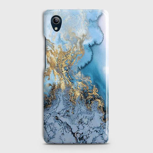 Vivo Y90 Cover - Trendy Golden & Blue Ocean Marble Printed Hard Case with Life Time Colors Guarantee