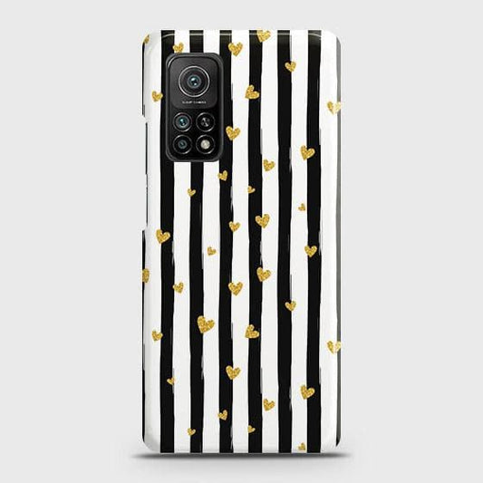 Xiaomi Mi 10T Cover - Trendy Black & White Lining With Golden Hearts Printed Hard Case with Life Time Colors Guarantee ( Fast Delivery )