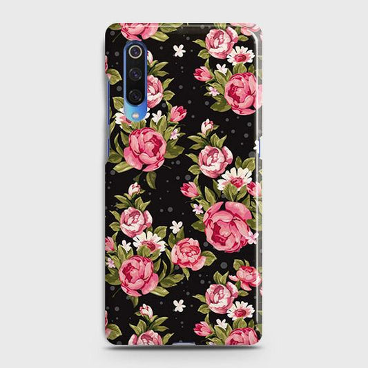 Xiaomi Mi 9 Cover - Trendy Pink Rose Vintage Flowers Printed Hard Case with Life Time Colors Guarantee
