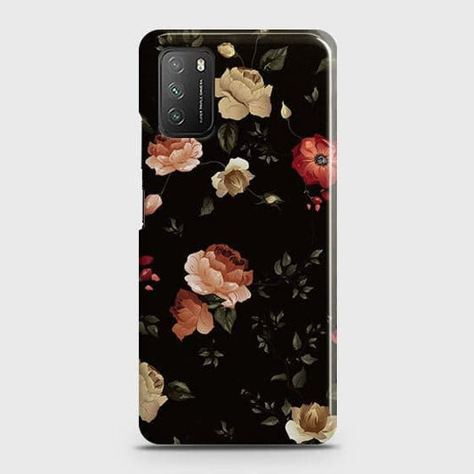 Xiaomi Poco M3 Cover - Matte Finish - Dark Rose Vintage Flowers Printed Hard Case with Life Time Colors Guarantee