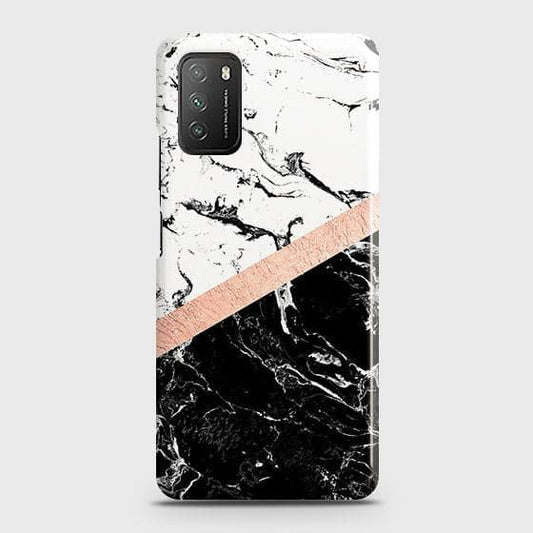 Xiaomi Redmi 9T Cover - Black & White Marble With Chic RoseGold Strip Case with Life Time Colors Guarantee