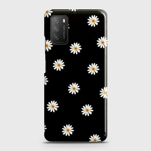 Xiaomi Poco M3 Cover - Matte Finish - White Bloom Flowers with Black Background Printed Hard Case with Life Time Colors Guarantee