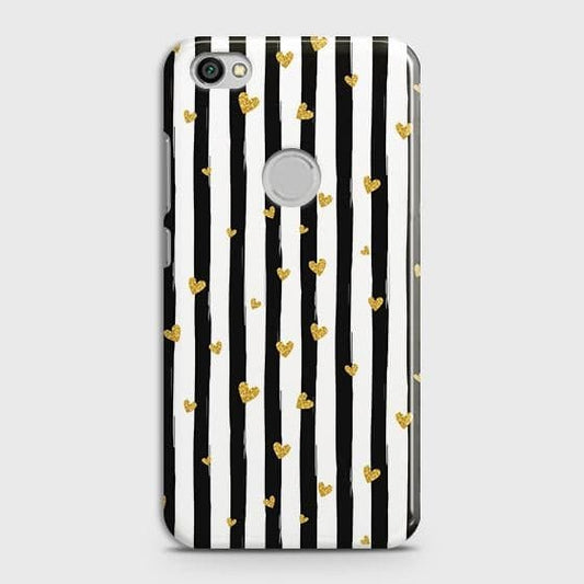 Xiaomi Redmi Note 5A Prime Cover - Trendy Black & White Lining With Golden Hearts Printed Hard Case with Life Time Colors Guarantee