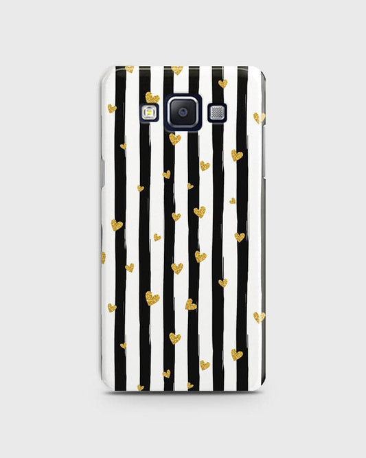 Samsung A7 - Trendy Black & White Lining With Golden Hearts Printed Hard Case With Life Time Colors Guarantee