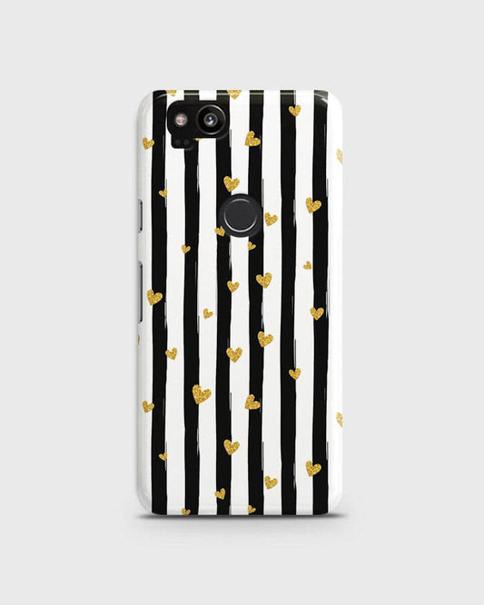 Google Pixel 2  - Trendy Black & White Lining With Golden Hearts Printed Hard Case With Life Time Colors Guarantee