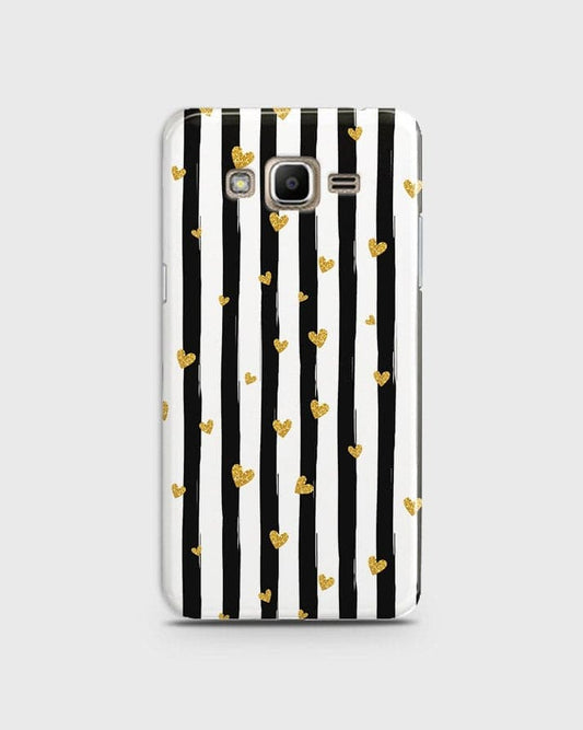 Samsung Galaxy Grand Prime / Grand Prime Plus / J2 Prime - Trendy Black & White Lining With Golden Hearts Printed Hard Case With Life Time Colors Guarantee