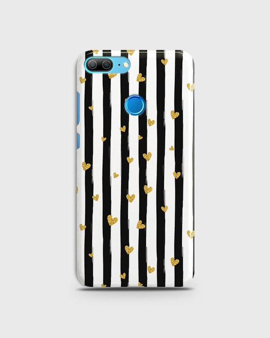 Huawei Honor 9 Lite - Trendy Black & White Lining With Golden Hearts Printed Hard Case With Life Time Colors Guarantee