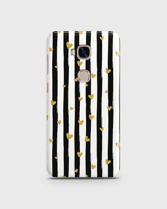 Huawei Honor 5X - Trendy Black & White Lining With Golden Hearts Printed Hard Case With Life Time Colors Guarantee