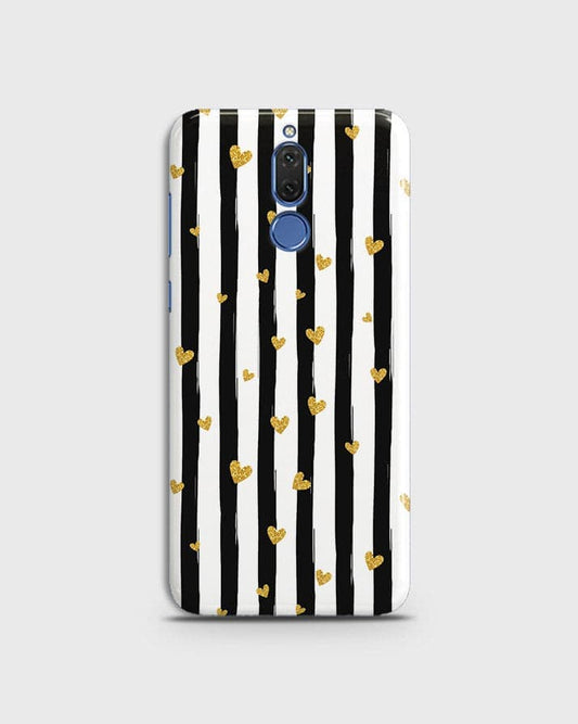 Huawei Mate 10 Lite - Trendy Black & White Lining With Golden Hearts Printed Hard Case With Life Time Colors Guarantee ( Fast Delivery )